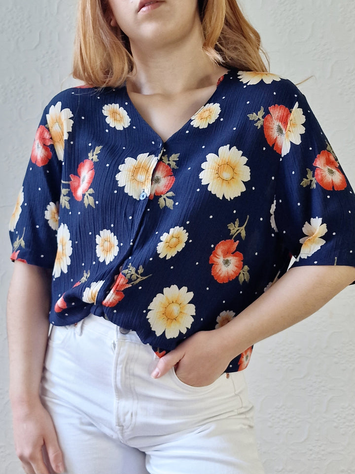 Vintage 90s Dark Navy Blue Floral Pattern Half Sleeve Blouse - M