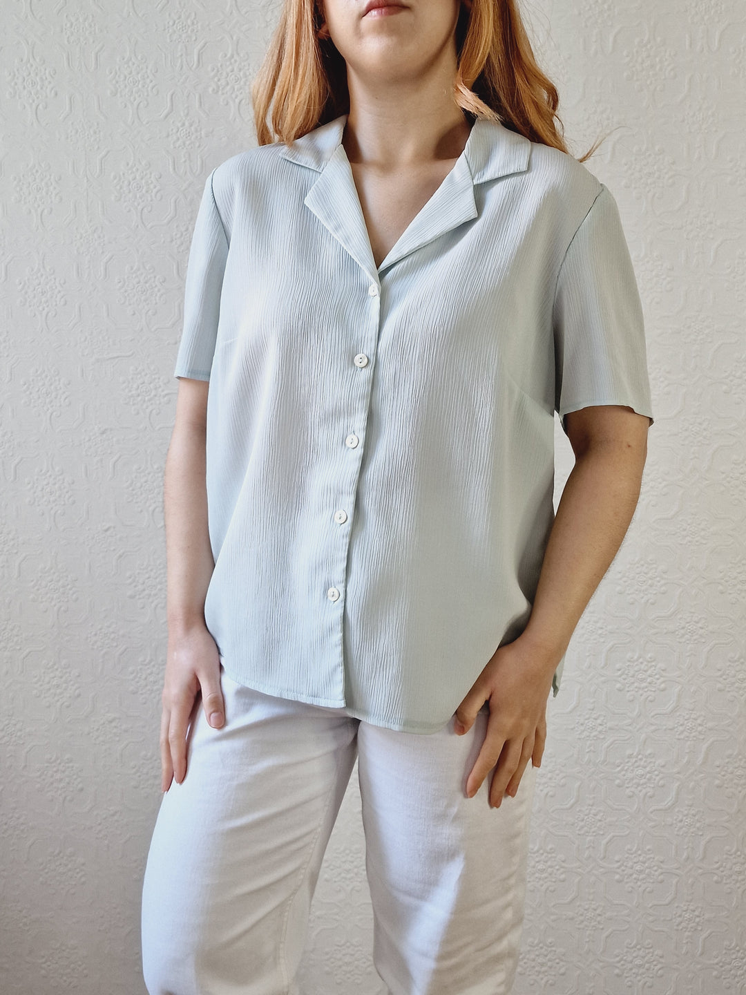 Vintage 90s Mint Green Button Down Half Sleeve Blouse - M/L