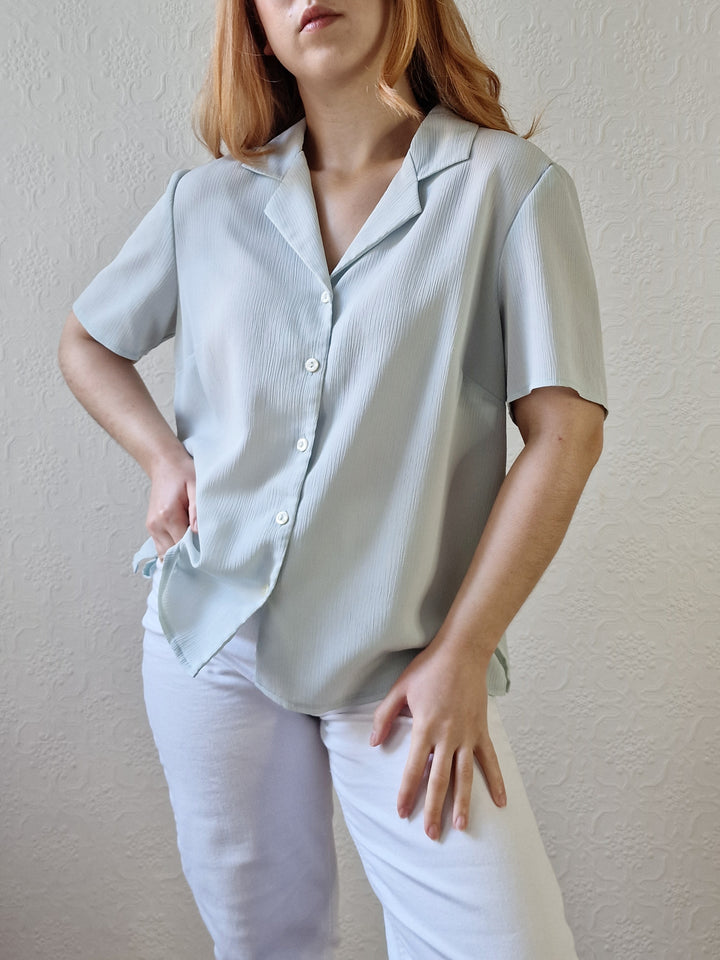 Vintage 90s Mint Green Button Down Half Sleeve Blouse - M/L