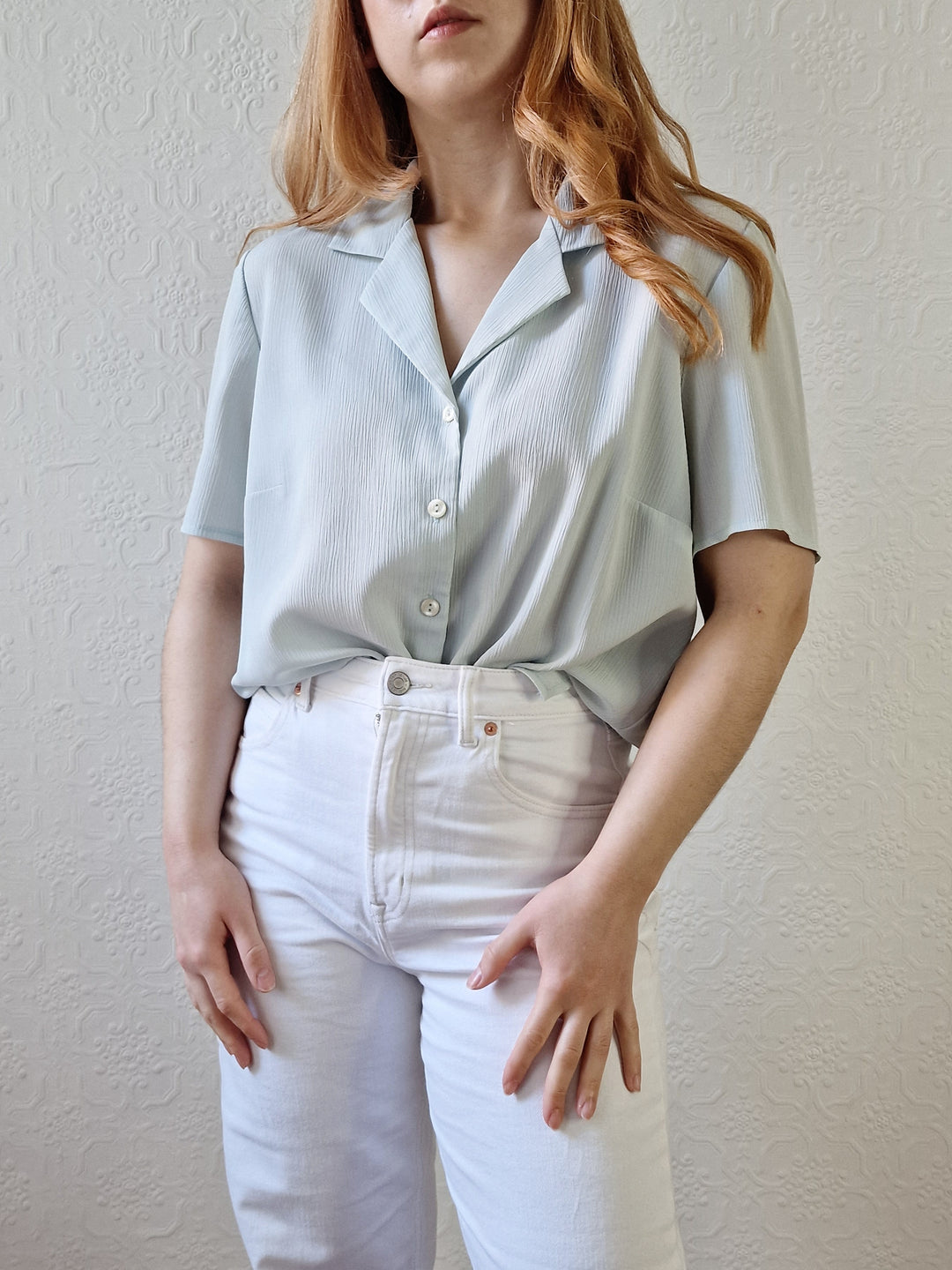 Vintage 90s Mint Green Button Down Half Sleeve Blouse - M/L