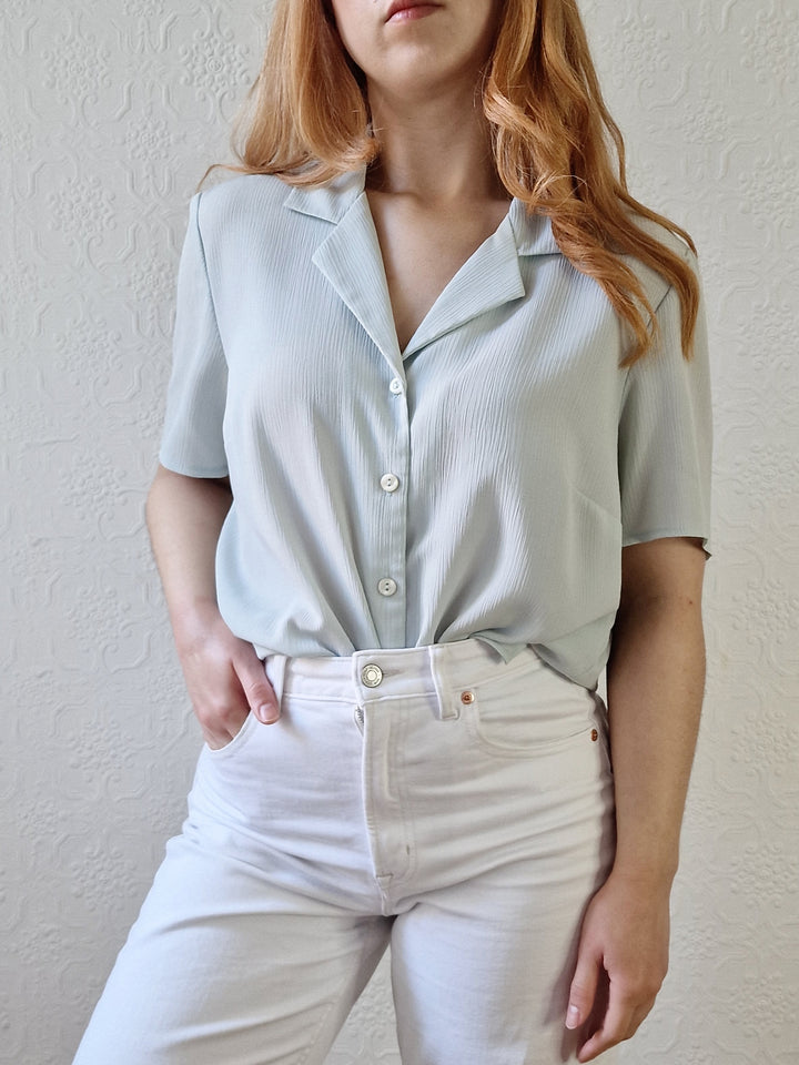 Vintage 90s Mint Green Button Down Half Sleeve Blouse - M/L