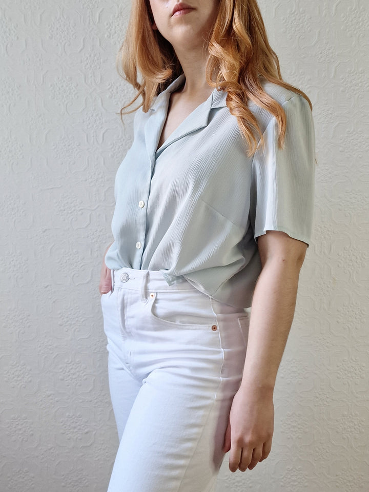 Vintage 90s Mint Green Button Down Half Sleeve Blouse - M/L