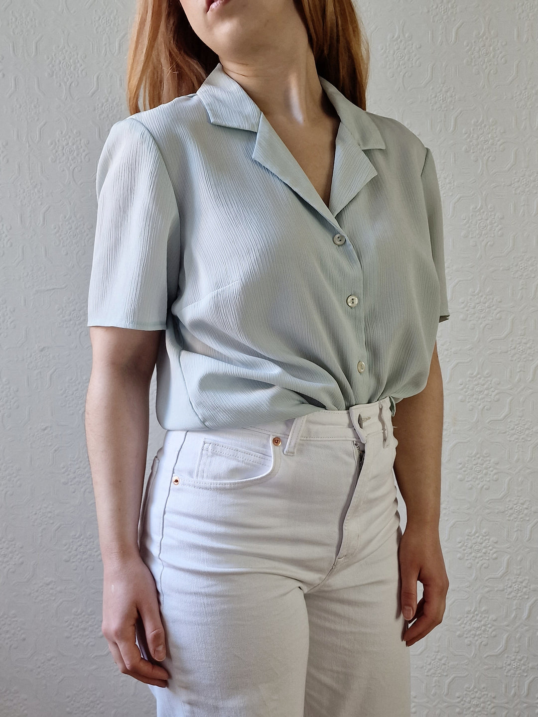 Vintage 90s Mint Green Button Down Half Sleeve Blouse - M/L