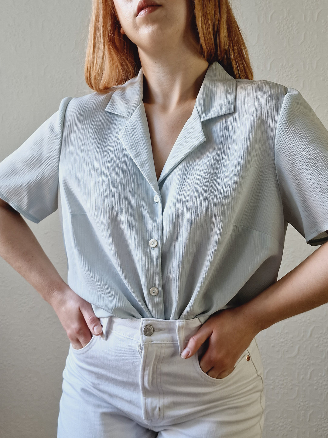 Vintage 90s Mint Green Button Down Half Sleeve Blouse - M/L