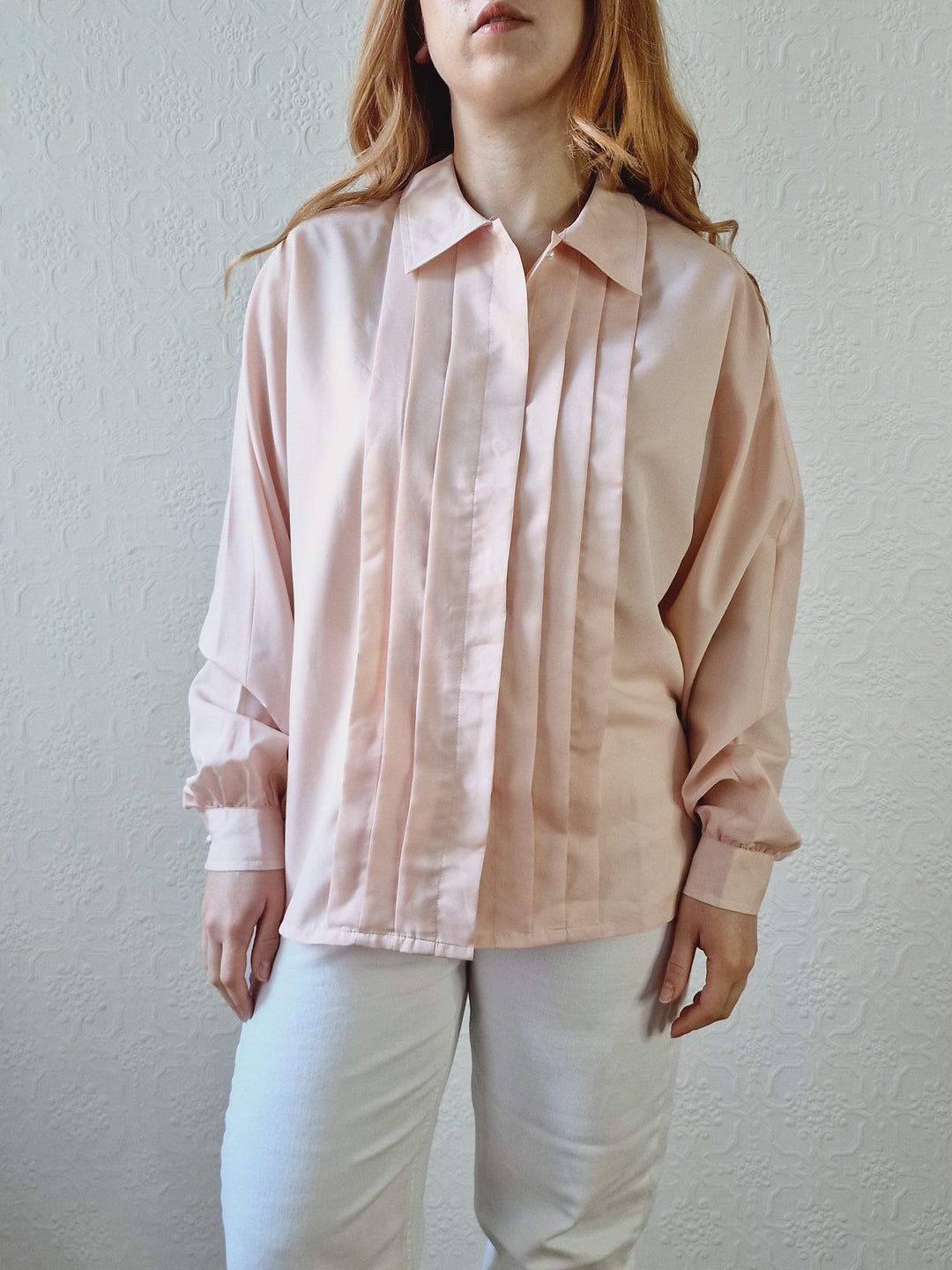 Vintage 80s Light Pink Long Sleeve Blouse With Pleating - S/M