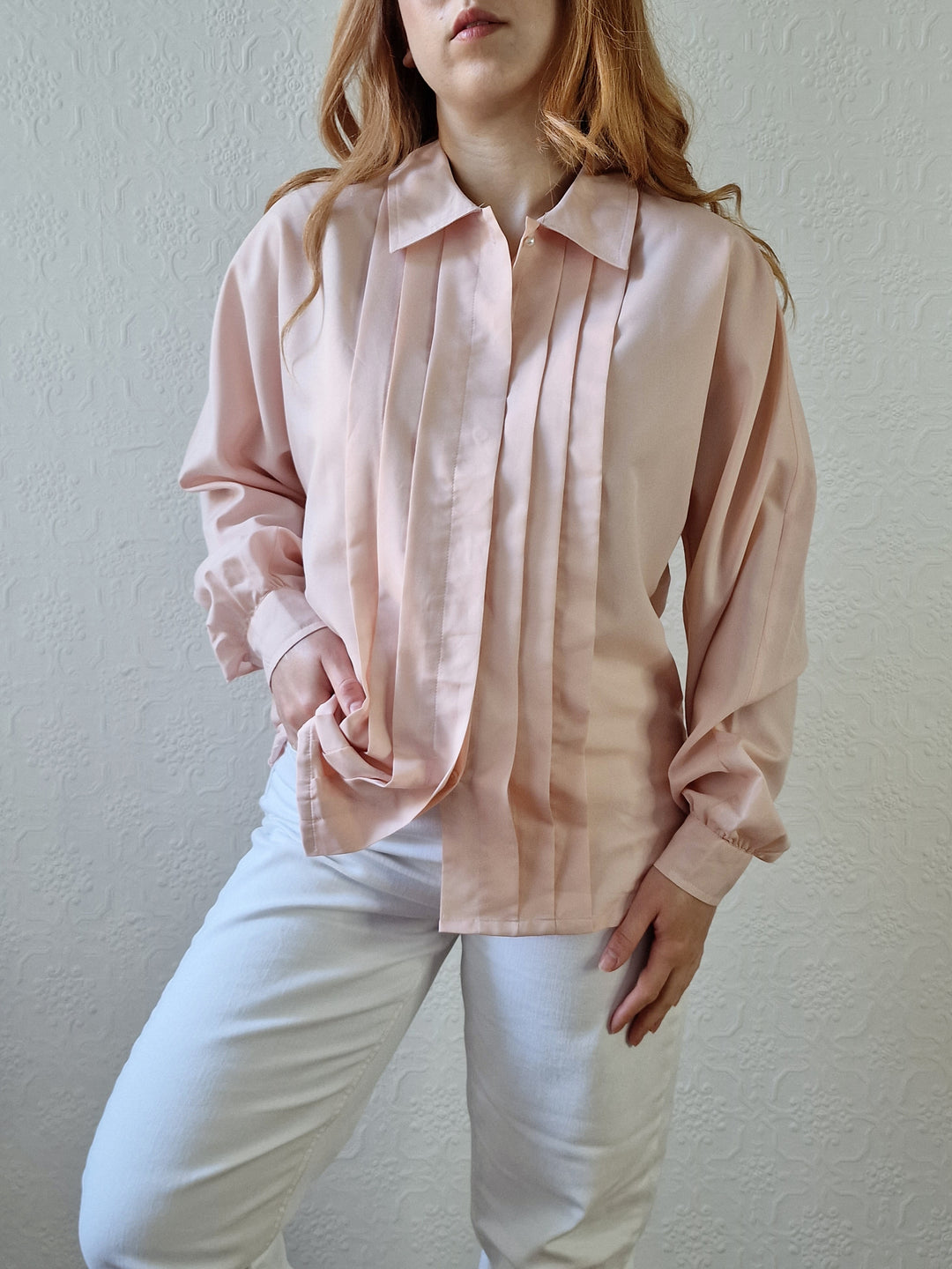 Vintage 80s Light Pink Long Sleeve Blouse With Pleating - S/M