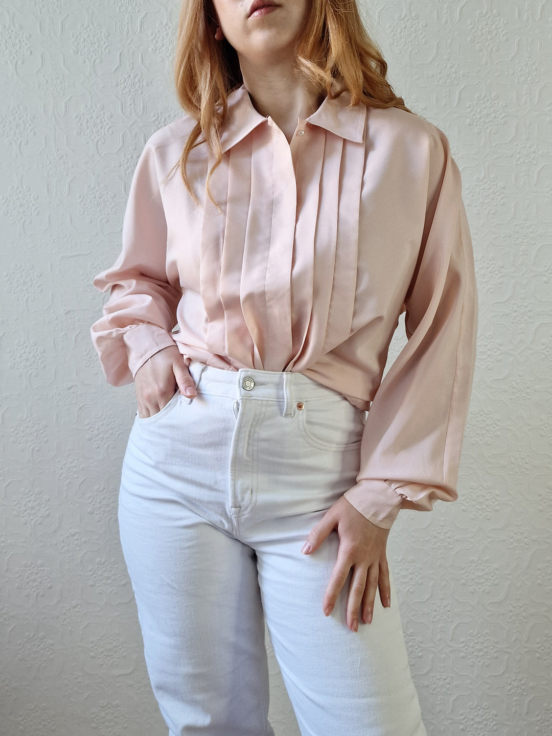 Vintage 80s Light Pink Long Sleeve Blouse With Pleating - S/M