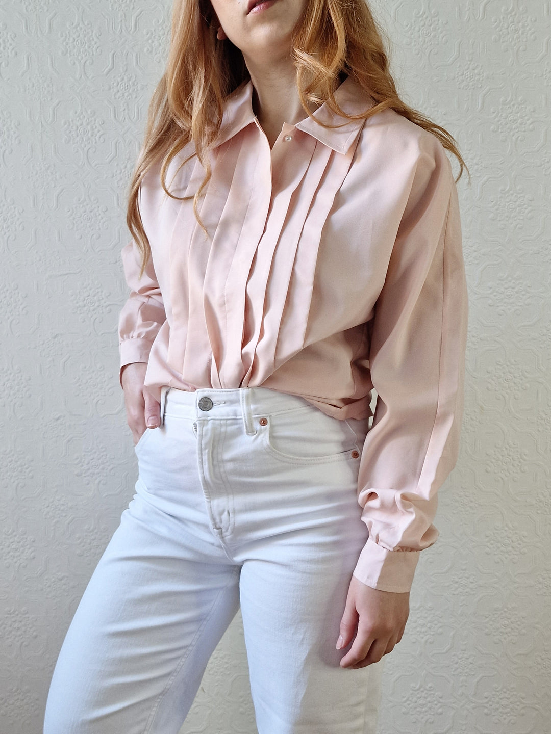 Vintage 80s Light Pink Long Sleeve Blouse With Pleating - S/M