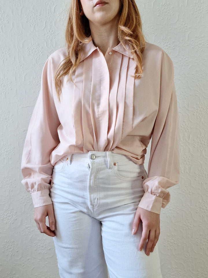 Vintage 80s Light Pink Long Sleeve Blouse With Pleating - S/M