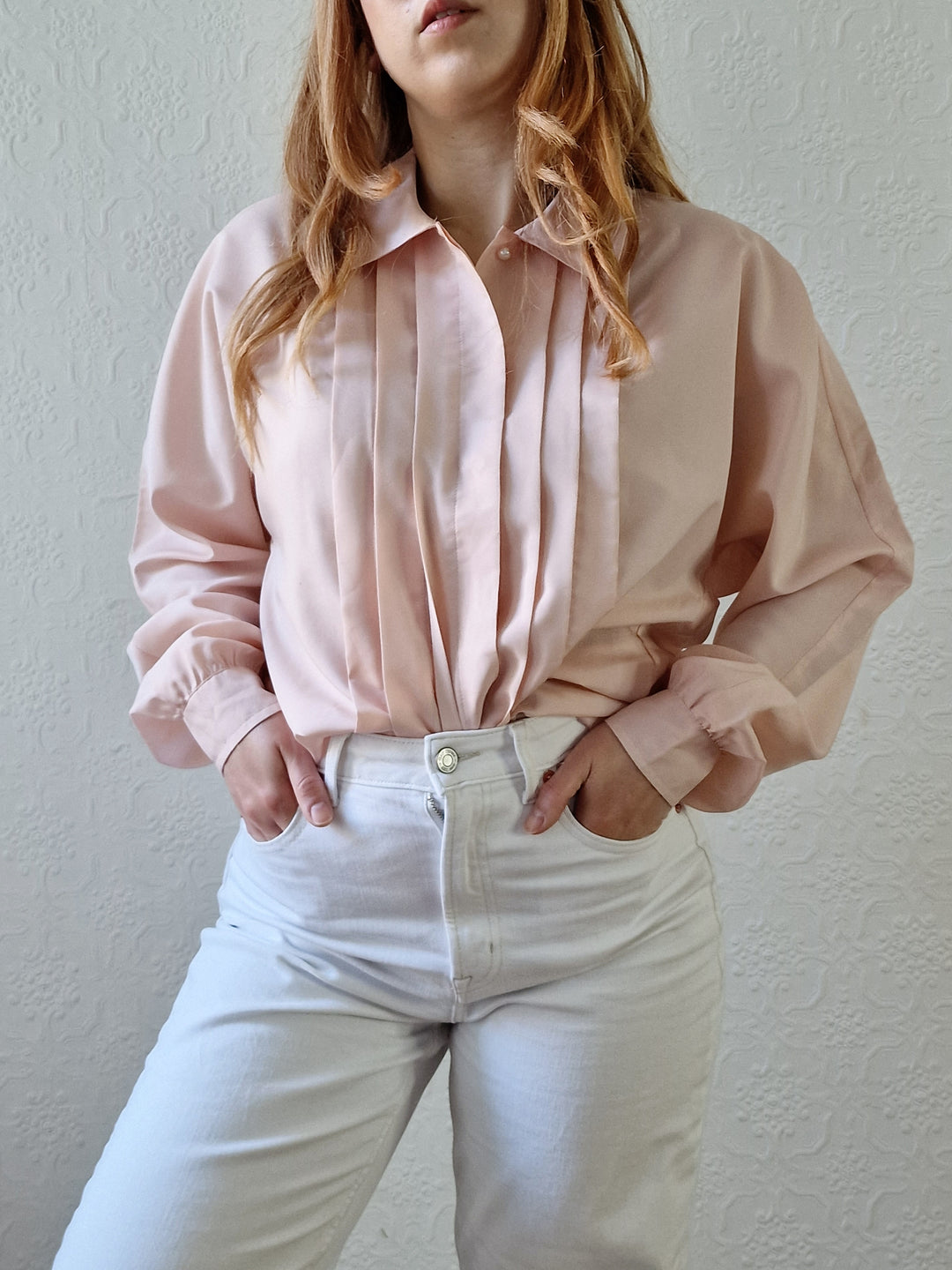 Vintage 80s Light Pink Long Sleeve Blouse With Pleating - S/M