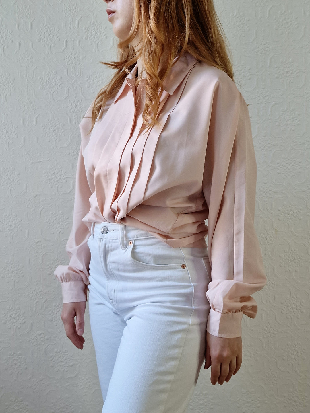 Vintage 80s Light Pink Long Sleeve Blouse With Pleating - S/M