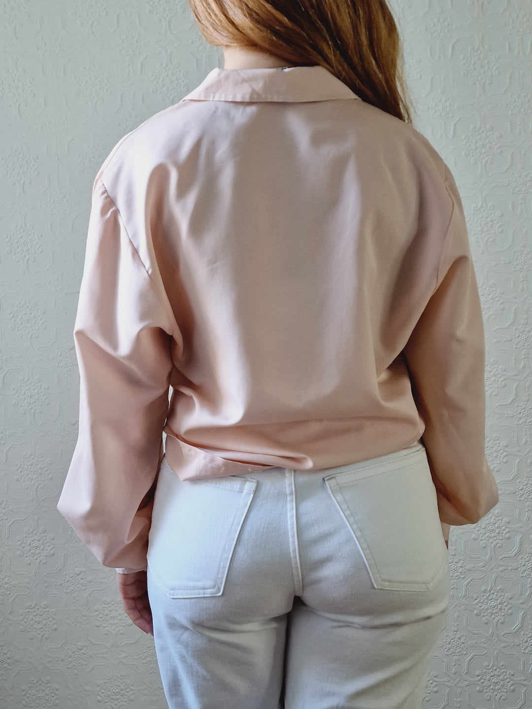 Vintage 80s Light Pink Long Sleeve Blouse With Pleating - S/M