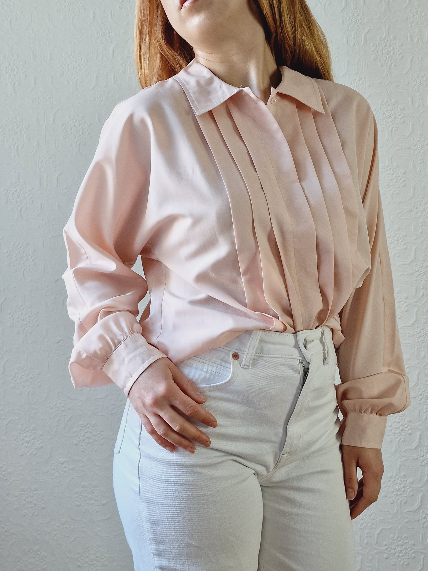 Vintage 80s Light Pink Long Sleeve Blouse With Pleating - S/M