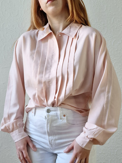 Vintage 80s Light Pink Long Sleeve Blouse With Pleating - S/M