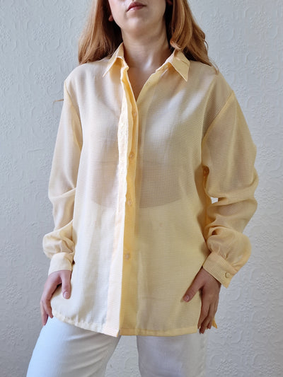 Vintage 80s Yellow Gingham Long Sleeve Blouse With Embroidery - L