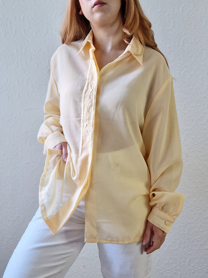 Vintage 80s Yellow Gingham Long Sleeve Blouse With Embroidery - L