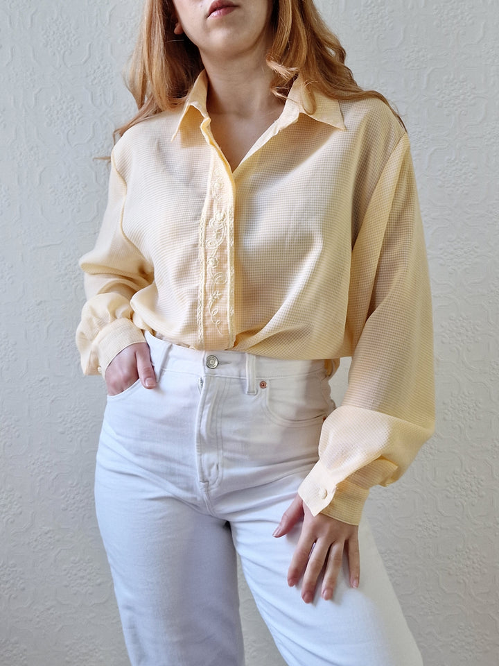 Vintage 80s Yellow Gingham Long Sleeve Blouse With Embroidery - L