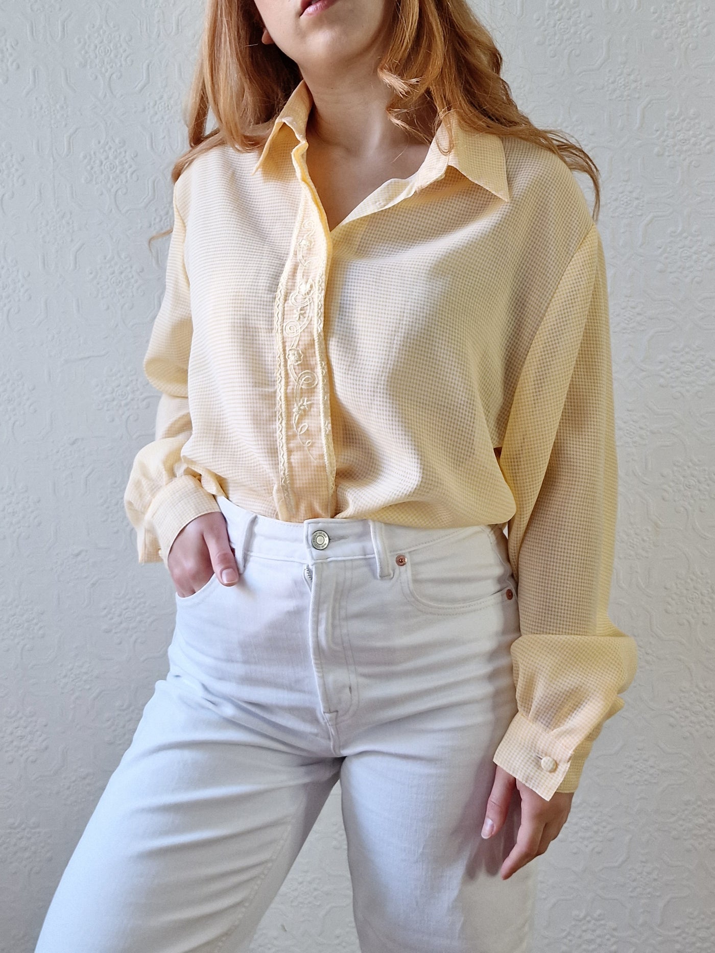 Vintage 80s Yellow Gingham Long Sleeve Blouse With Embroidery - L