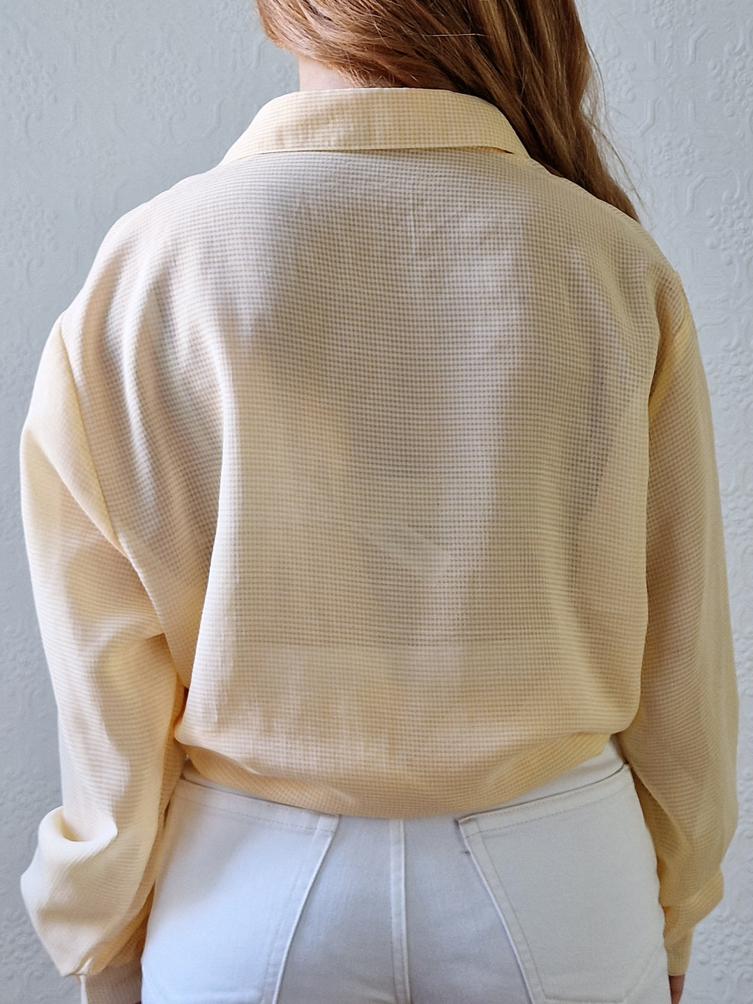 Vintage 80s Yellow Gingham Long Sleeve Blouse With Embroidery - L