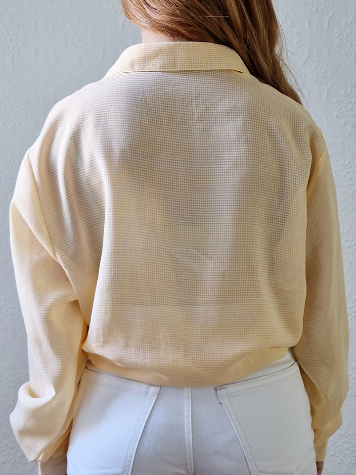 Vintage 80s Yellow Gingham Long Sleeve Blouse With Embroidery - L