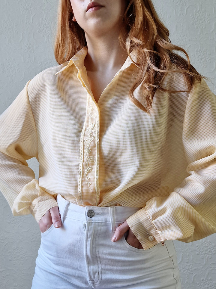 Vintage 80s Yellow Gingham Long Sleeve Blouse With Embroidery - L