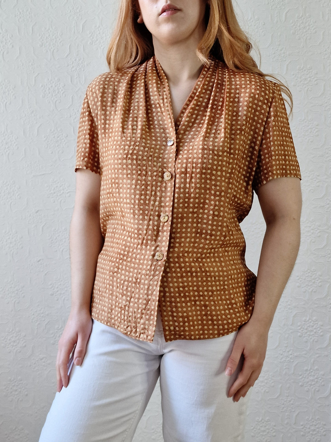 Vintage 90s Copper Dotted Blouse with Short Sleeves - S/M