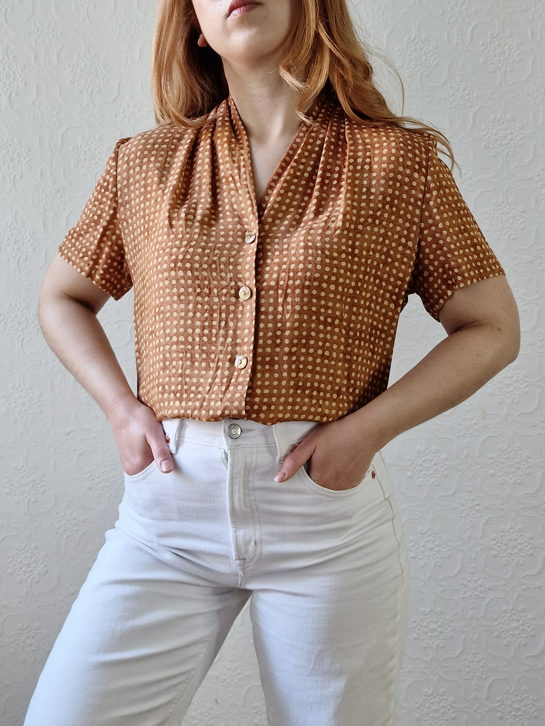 Vintage 90s Copper Dotted Blouse with Short Sleeves - S/M