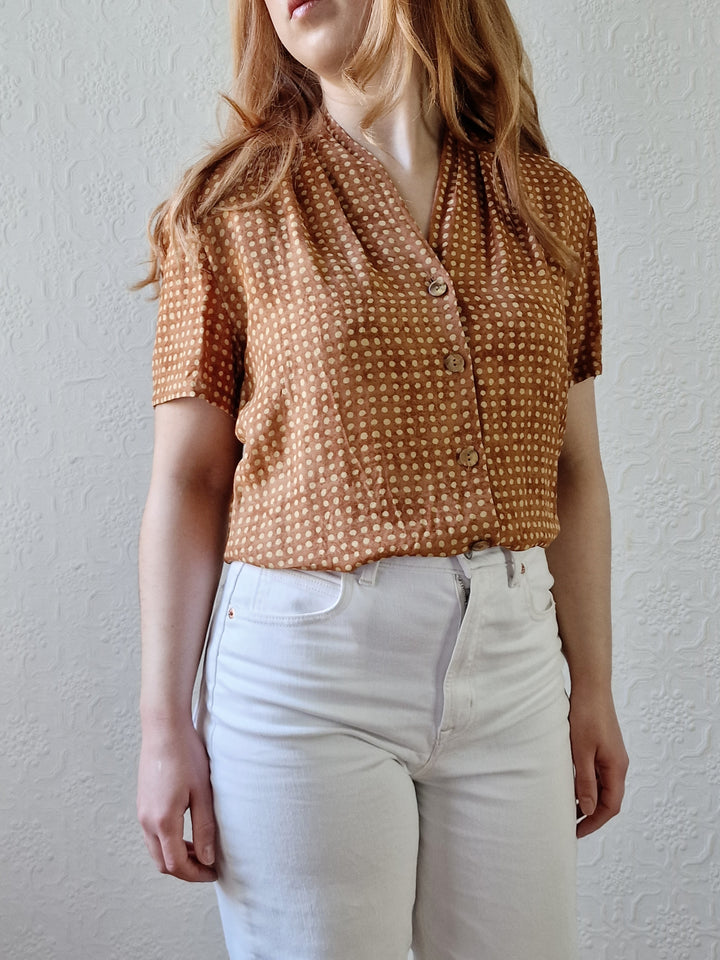 Vintage 90s Copper Dotted Blouse with Short Sleeves - S/M