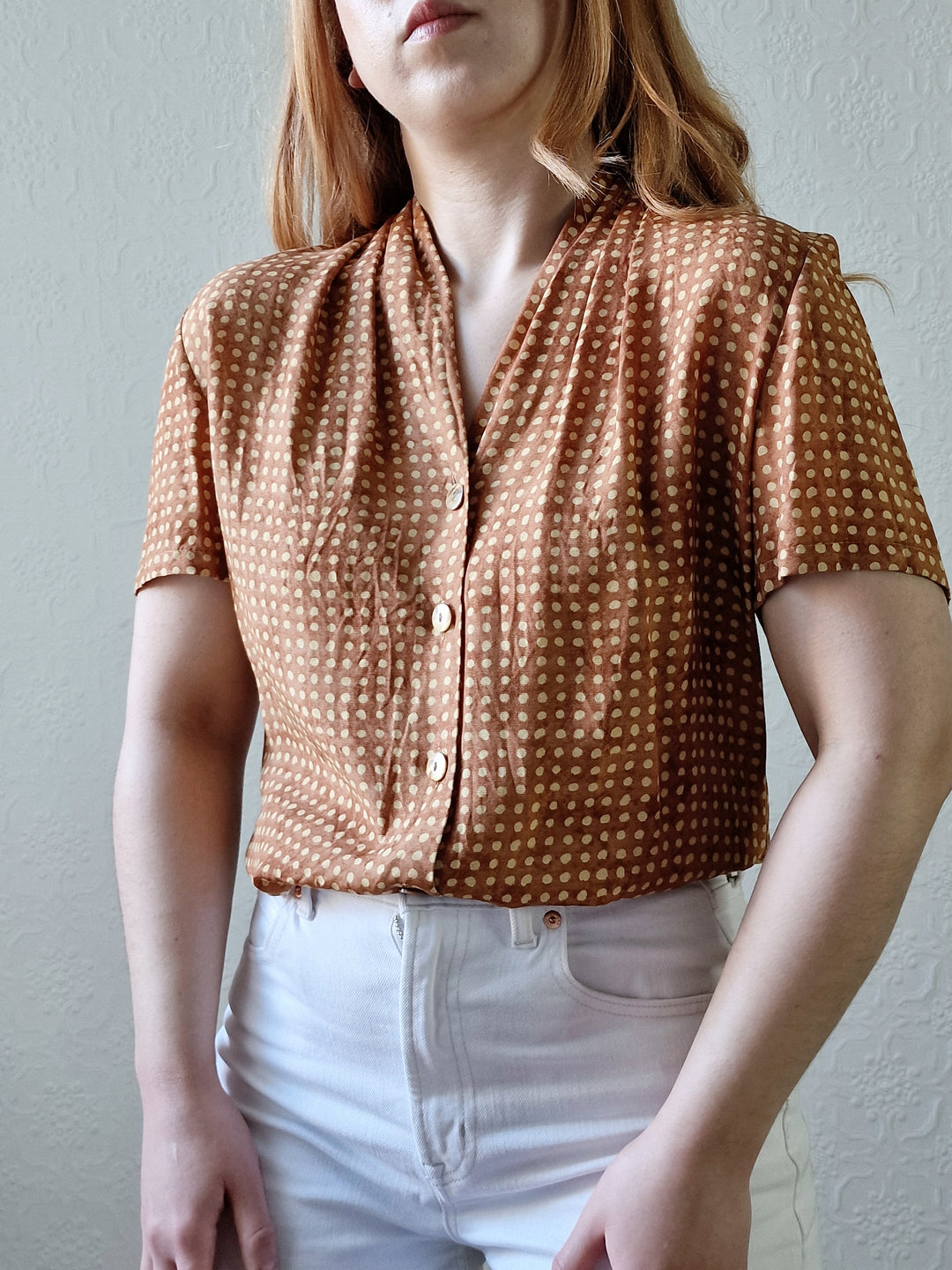 Vintage 90s Copper Dotted Blouse with Short Sleeves - S/M