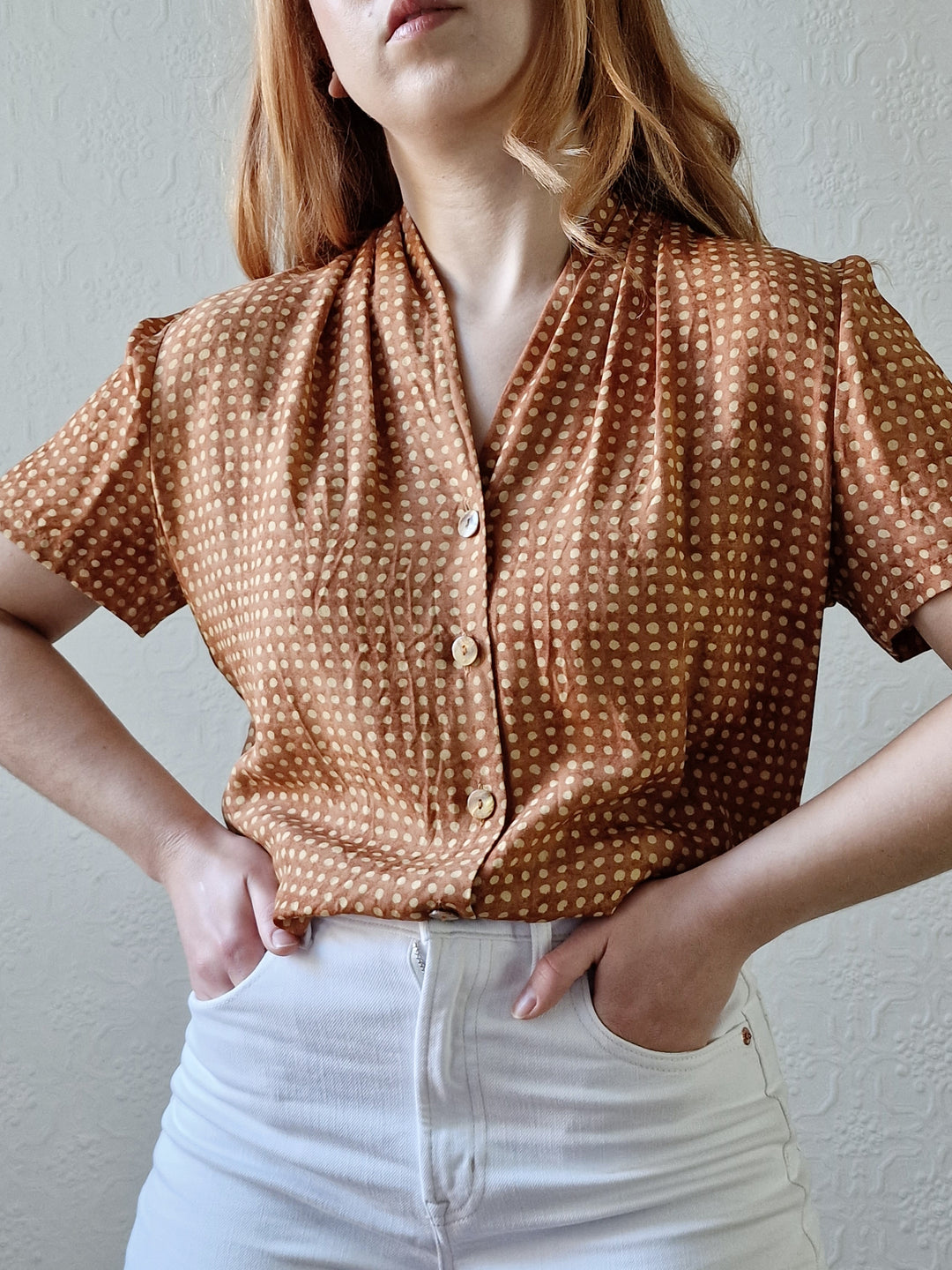 Vintage 90s Copper Dotted Blouse with Short Sleeves - S/M