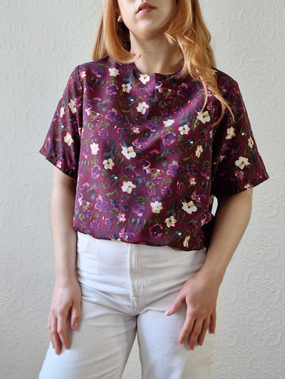 Vintage 80s Burgundy Floral Blouse with Short Sleeves - S/M