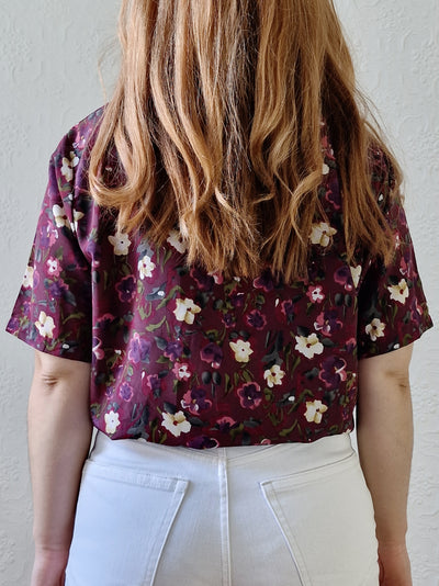 Vintage 80s Burgundy Floral Blouse with Short Sleeves - S/M