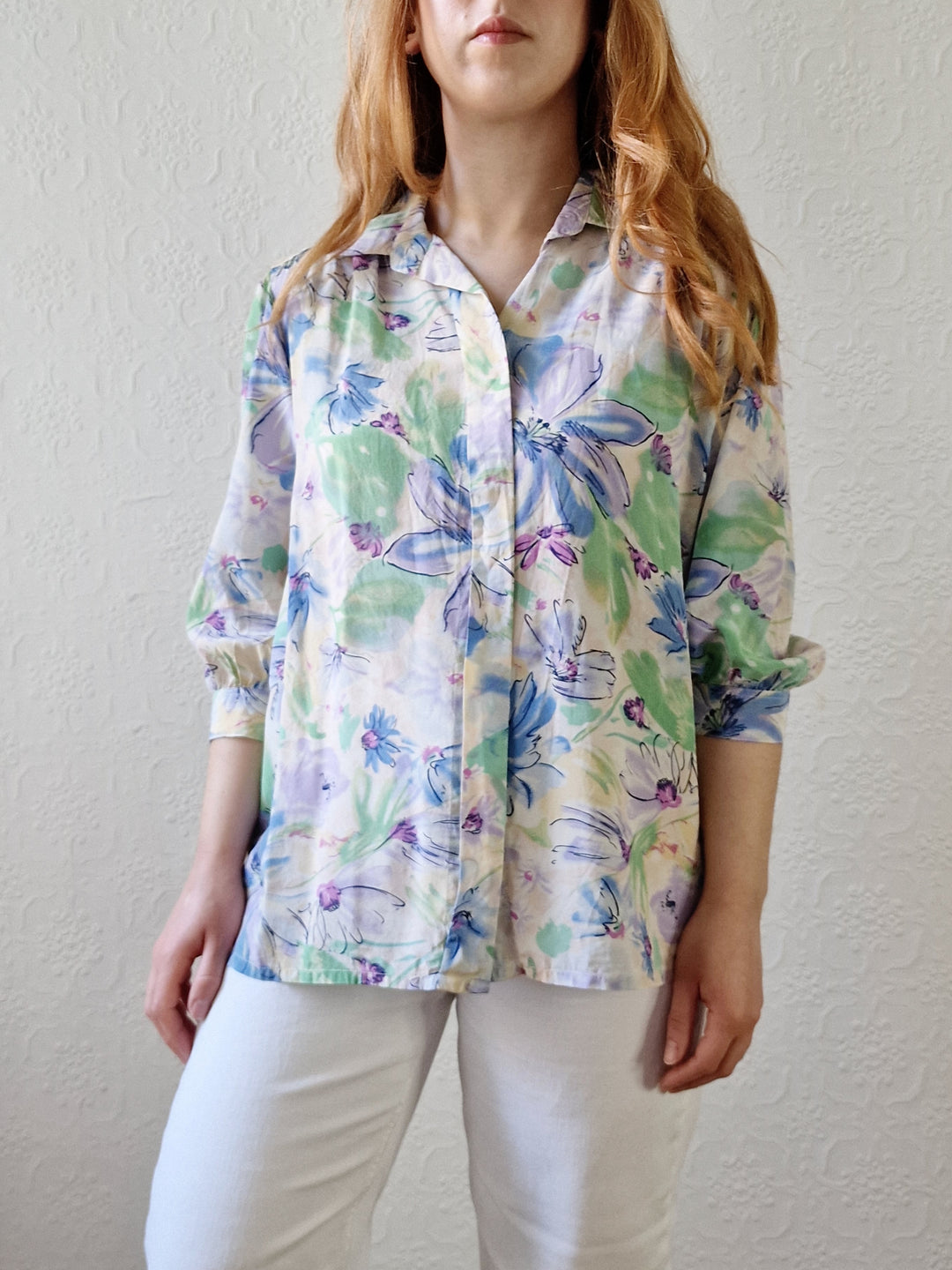 Vintage 80s Blue & Green Floral 100% Silk Blouse with 3/4 Sleeves - S/M