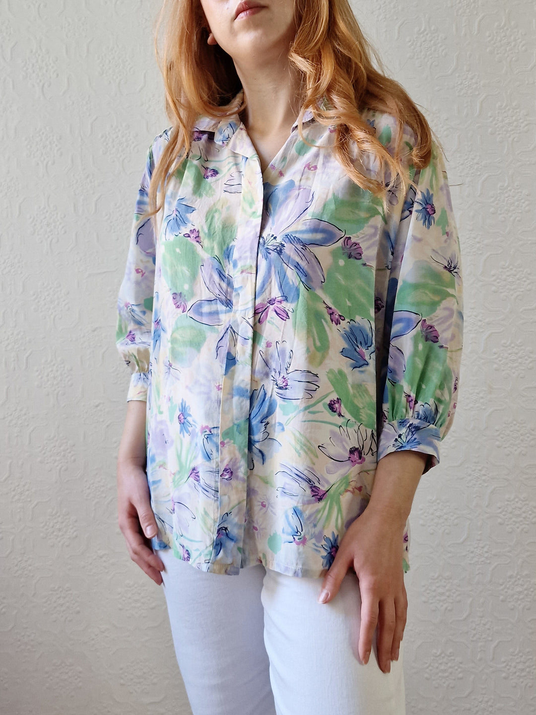 Vintage 80s Blue & Green Floral 100% Silk Blouse with 3/4 Sleeves - S/M