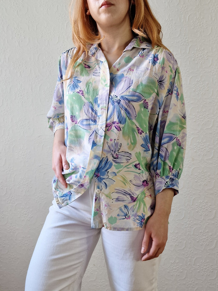 Vintage 80s Blue & Green Floral 100% Silk Blouse with 3/4 Sleeves - S/M