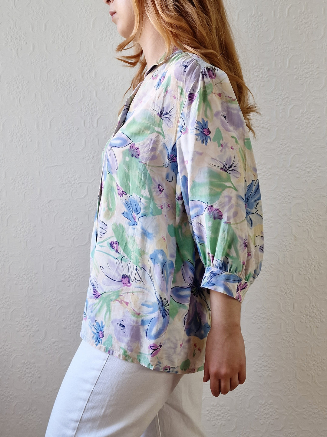 Vintage 80s Blue & Green Floral 100% Silk Blouse with 3/4 Sleeves - S/M