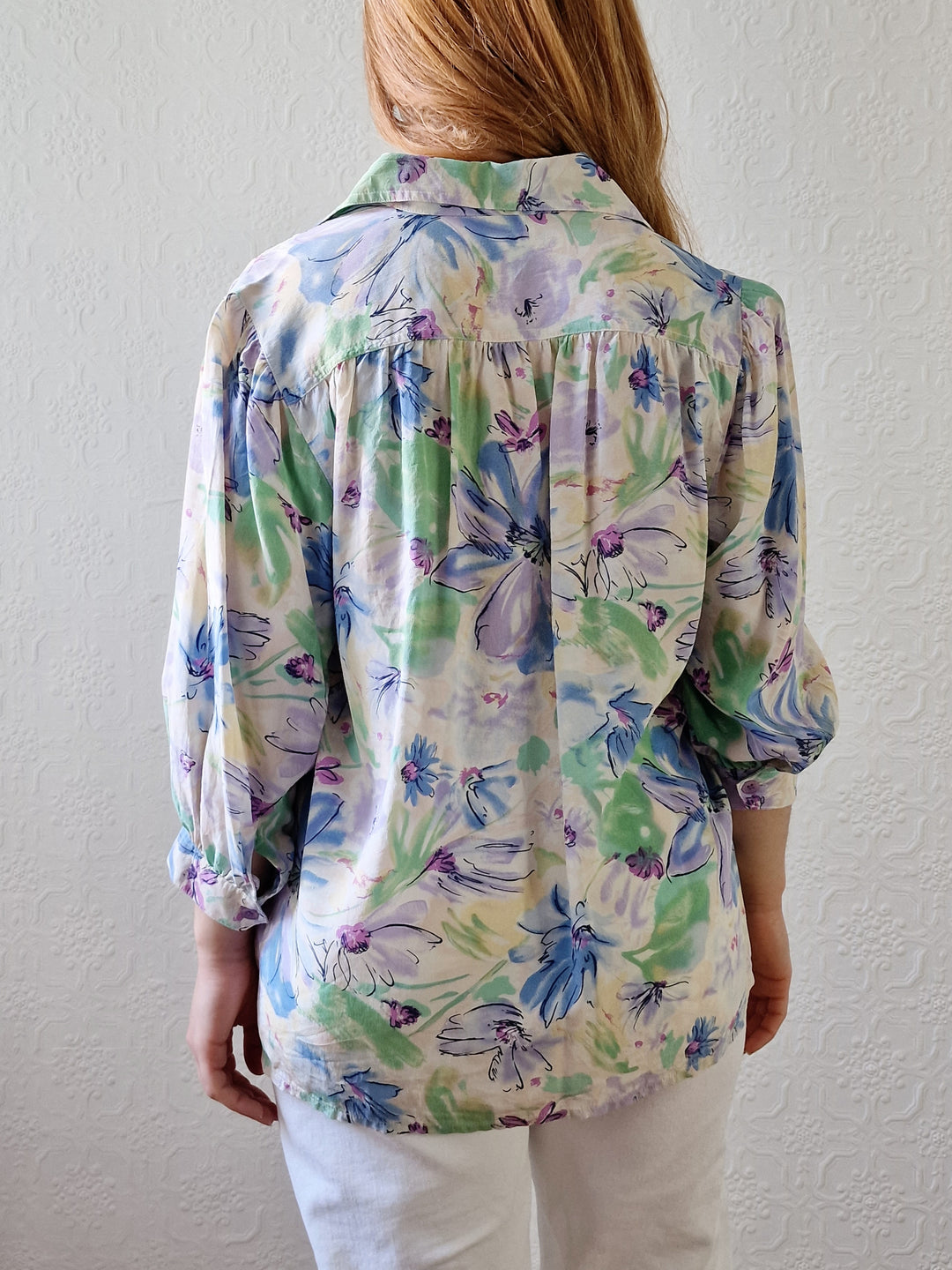 Vintage 80s Blue & Green Floral 100% Silk Blouse with 3/4 Sleeves - S/M