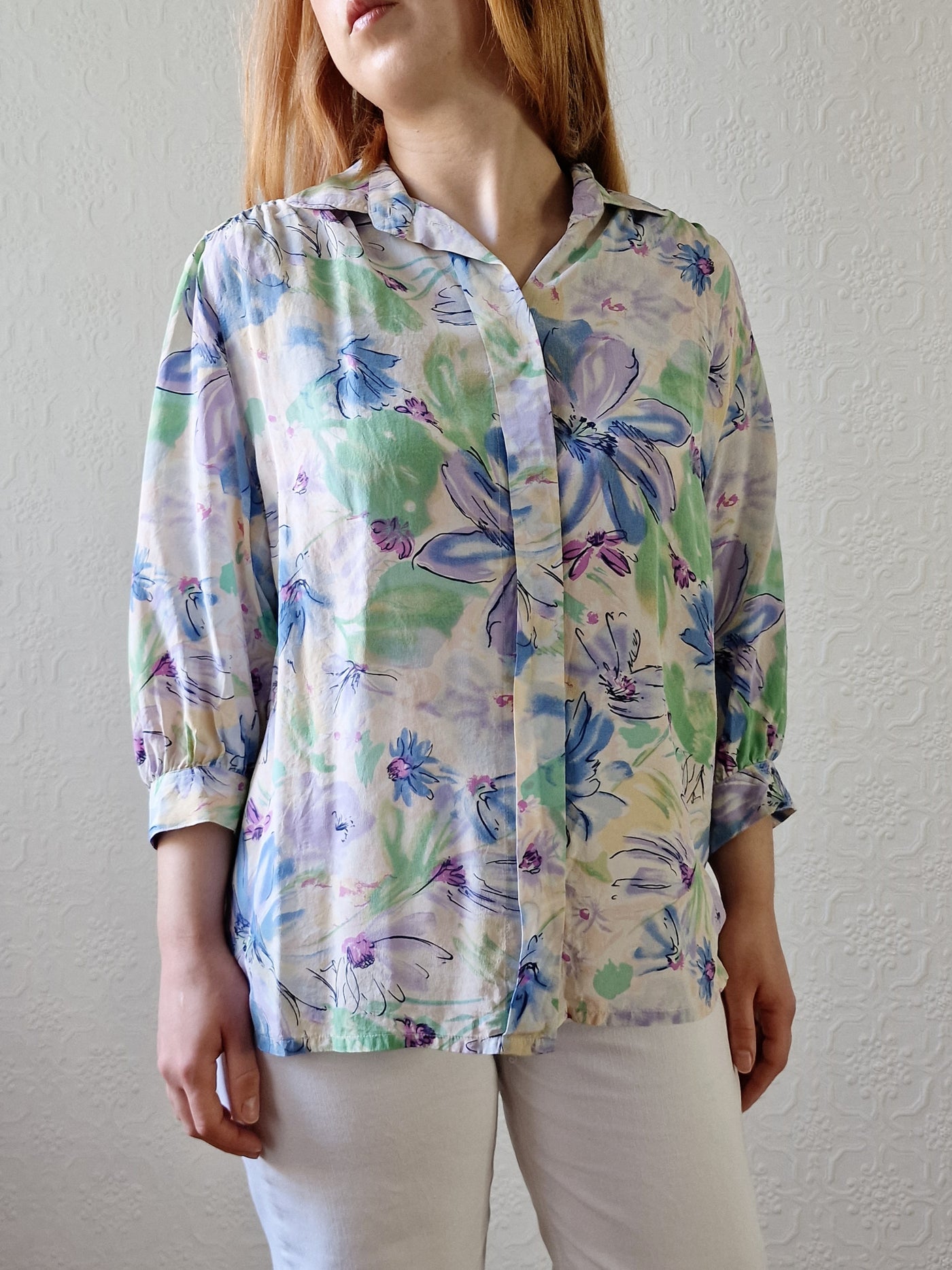 Vintage 80s Blue & Green Floral 100% Silk Blouse with 3/4 Sleeves - S/M