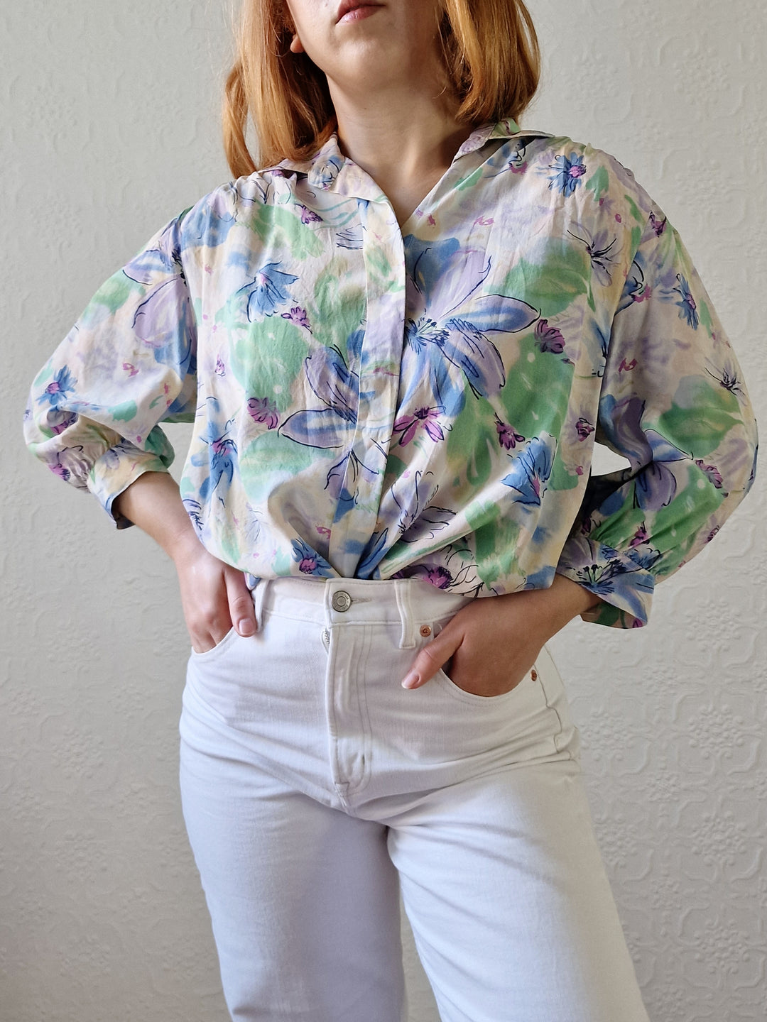 Vintage 80s Blue & Green Floral 100% Silk Blouse with 3/4 Sleeves - S/M