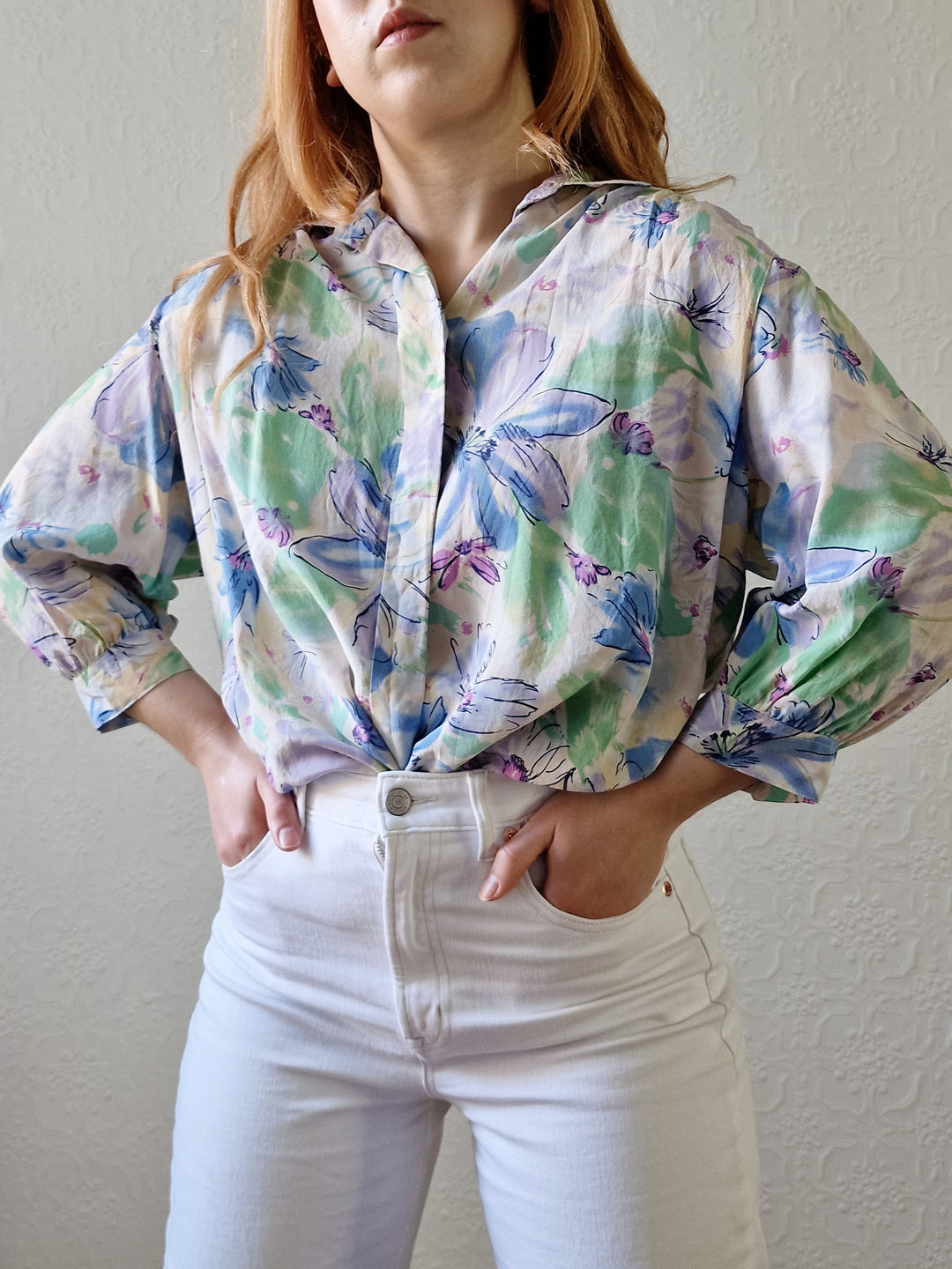 Vintage 80s Blue & Green Floral 100% Silk Blouse with 3/4 Sleeves - S/M