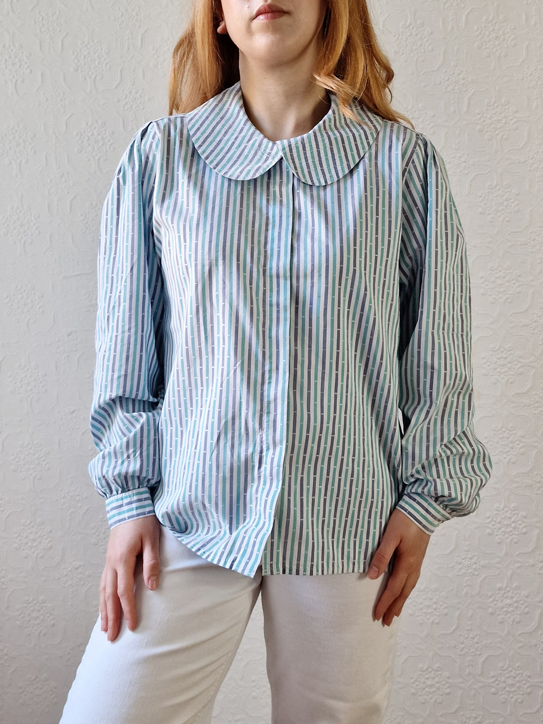 Vintage 80s Blue & Green Striped Long Sleeve Blouse with Peter Pan Collar - M