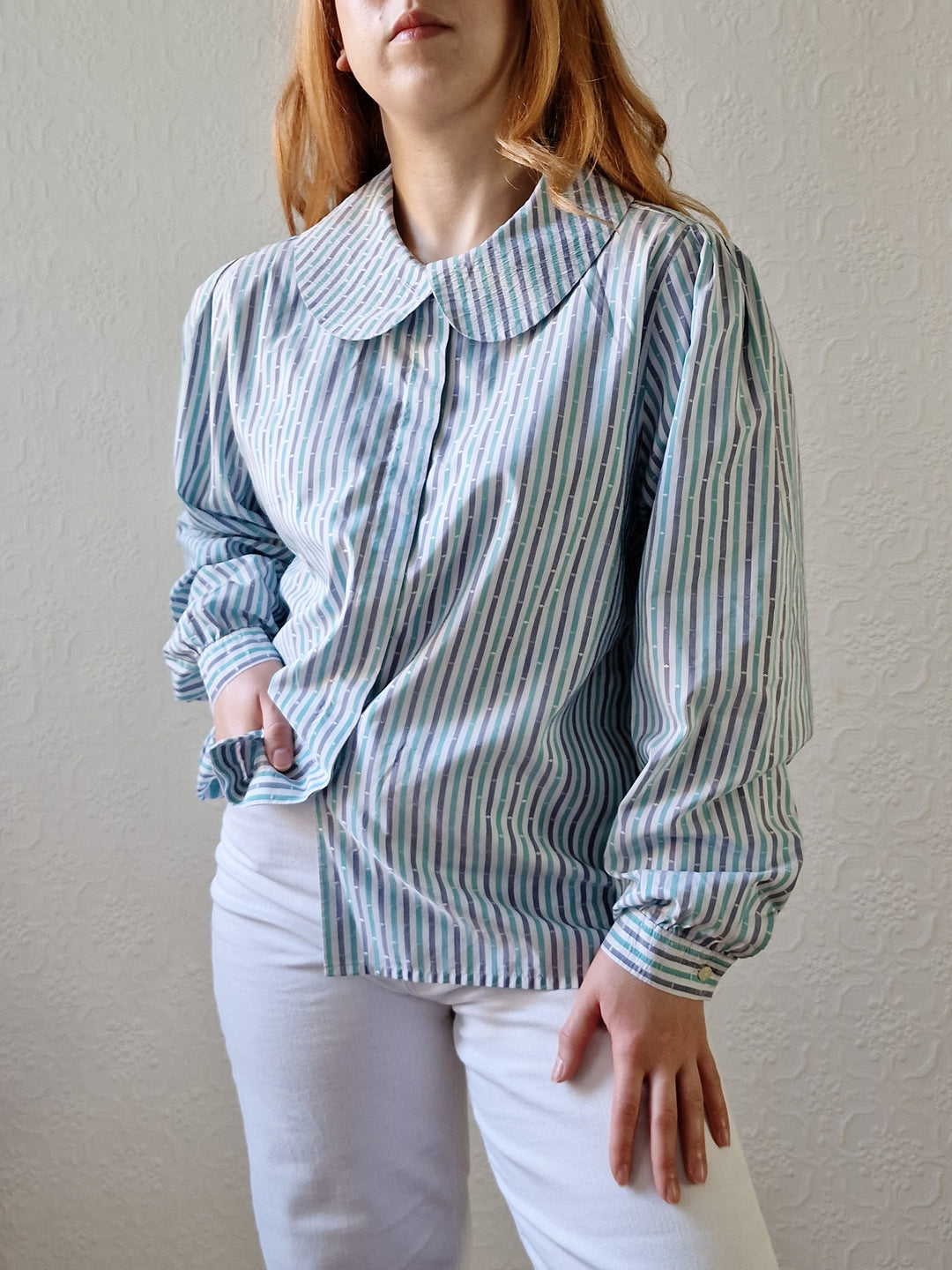 Vintage 80s Blue & Green Striped Long Sleeve Blouse with Peter Pan Collar - M