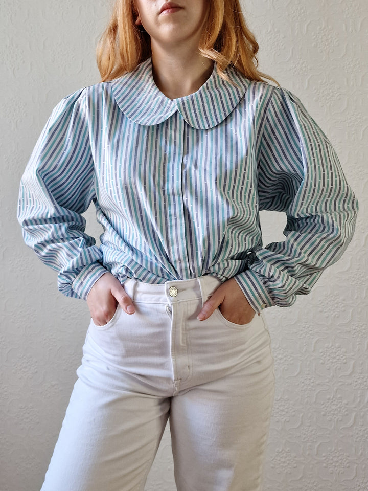 Vintage 80s Blue & Green Striped Long Sleeve Blouse with Peter Pan Collar - M