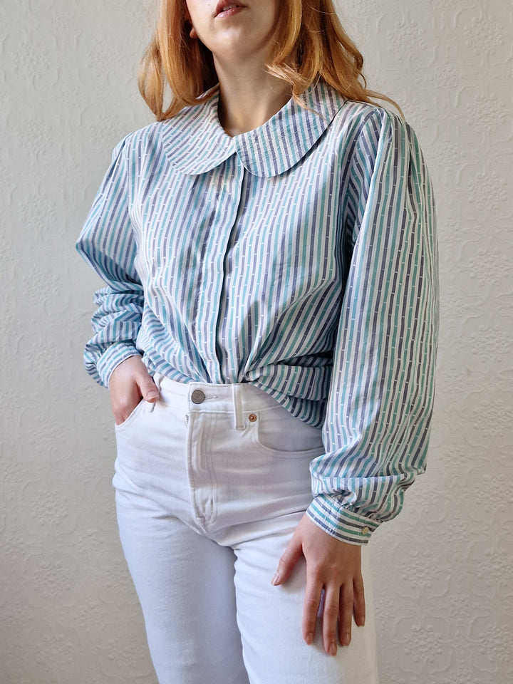 Vintage 80s Blue & Green Striped Long Sleeve Blouse with Peter Pan Collar - M