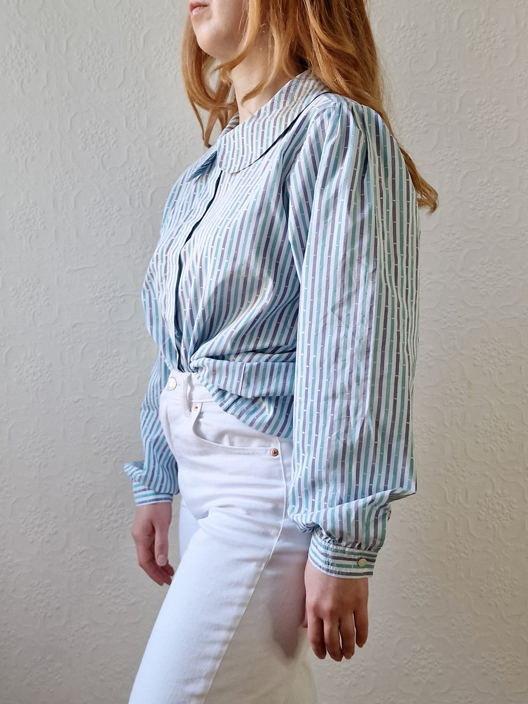 Vintage 80s Blue & Green Striped Long Sleeve Blouse with Peter Pan Collar - M