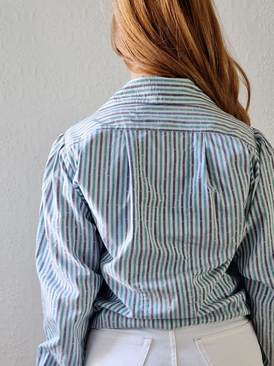 Vintage 80s Blue & Green Striped Long Sleeve Blouse with Peter Pan Collar - M