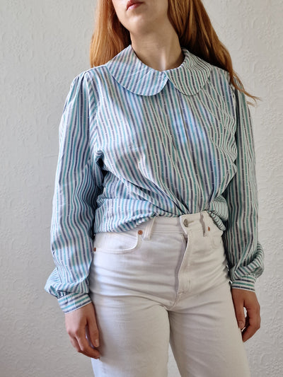 Vintage 80s Blue & Green Striped Long Sleeve Blouse with Peter Pan Collar - M