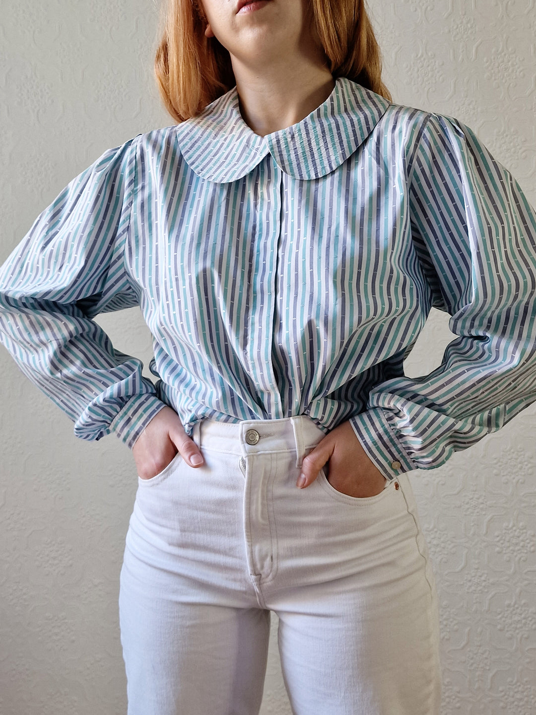 Vintage 80s Blue & Green Striped Long Sleeve Blouse with Peter Pan Collar - M