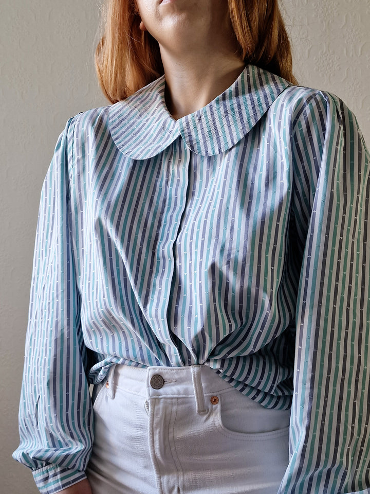 Vintage 80s Blue & Green Striped Long Sleeve Blouse with Peter Pan Collar - M