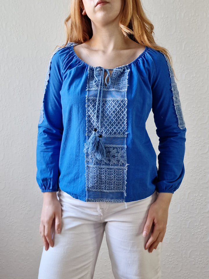 Vintage 90s Blue 3/4 Sleeve Cotton Boho Blouse with Tassels - XS